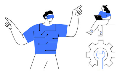 futuristic man using vr technology with gears vector image
