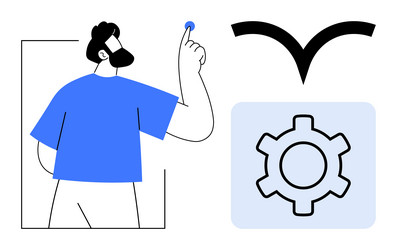man pointing at a blue button with gear and bird vector image