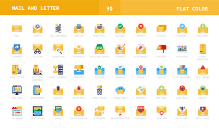 mail and letter flat color style icons set vector image
