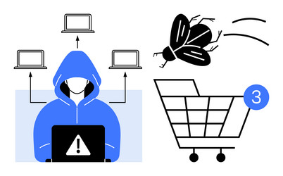 hacker in hoodie with laptop and alert symbol bug vector image