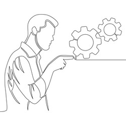 continuous line drawing man pointing the gears vector image