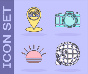 set globe with flying plane map pointer vector image