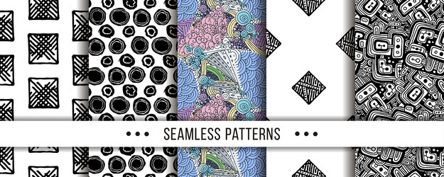 set of seamless patterns with hand-drawn elements vector image