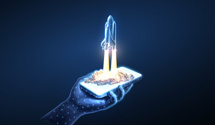 spaceship takeoff and phone in hand rocket launch vector image