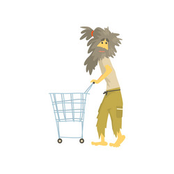 Homeless man in rags with cart talking Royalty Free Vector