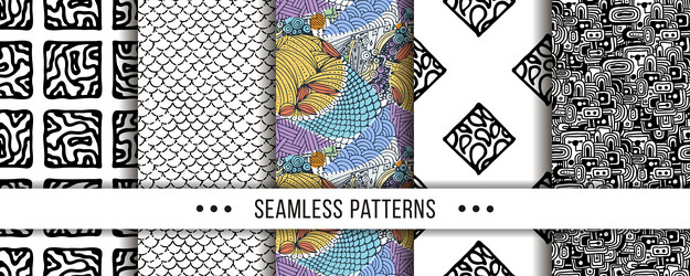 set of seamless patterns with hand-drawn elements vector image