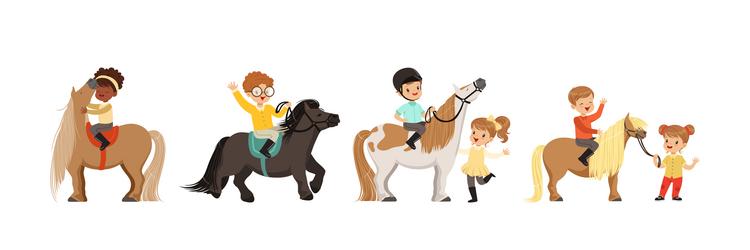 funny kids riding pony and care of their horses Vector Image