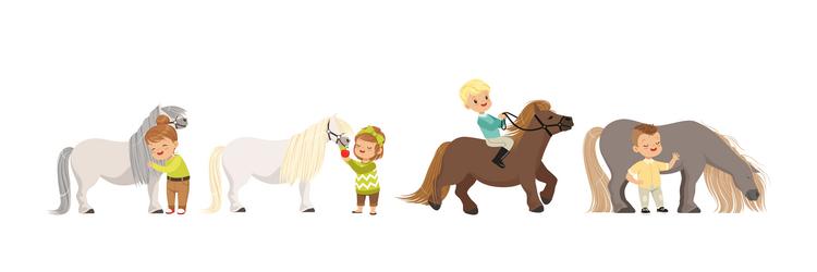 funny kids riding pony and care of their horses Vector Image