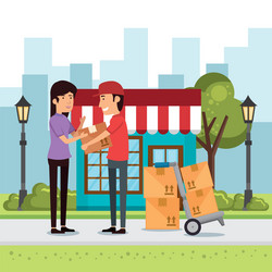 delivery worker with cart boxes character vector image