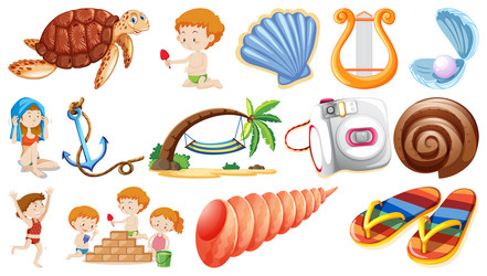 set of summer beach objects and cartoon characters vector image
