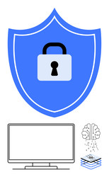 cybersecurity shield with lock computer monitor vector image