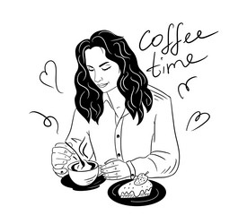 girl drinks coffee and eats a cake at the tabl Vector Image