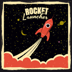 Rocket launch startup retro poster Royalty Free Vector Image