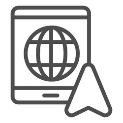 Tablet with globe and navigation pointer line icon vector