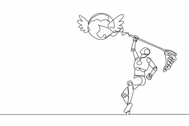 single one line drawing robot try to catching vector image