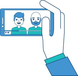 Hand holding phone mobile with people video player vector