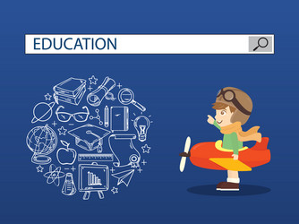 A boy ridind airplane with education search vector