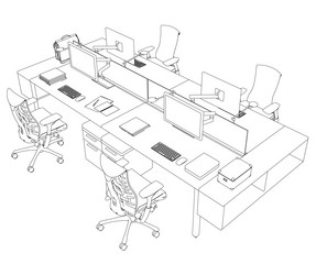 Contour of workplaces with computers and armchairs vector