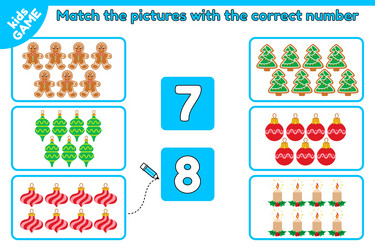 xmas math game match objects with correct number vector image