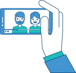 Hand holding phone mobile with people video player vector