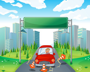 a boy riding on red car passing the empty vector image