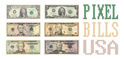 set of pixel us banknotes paper american money vector