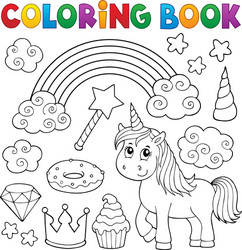 Coloring book unicorn and objects 1 vector