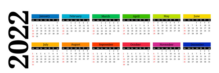 horizontal calendar for 2022 on a white background vector