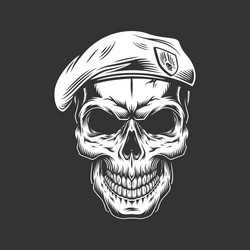 Vintage Monochrome Skull with Beret Vector Image