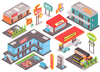 Motel color isometric set vector