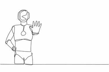 single one line drawing robot standing with palm vector image