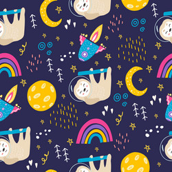 seamless pattern with sloth moon stars space vector image