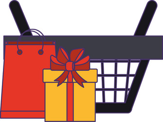 Shopping basket with gift box and bag blue lines vector