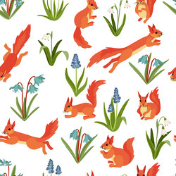 seamless pattern with squirrels and flowers vector image