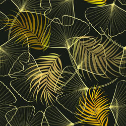 Seamless pattern with golden ginkgo and palm vector