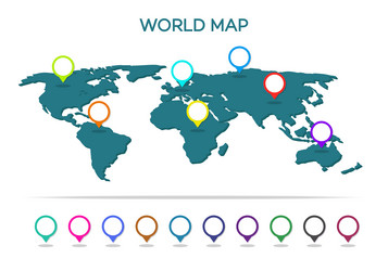 World map with pointer isolated on blue background