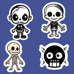 Four cartoon skeleton stickers on vibrant blue vector