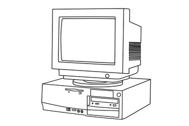 hand line drawing an old computer and monitor vector image