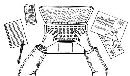 Laptop and hands on the keyboard human vector