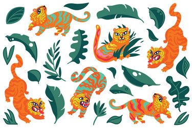 chinese tigers characters with leaves and tropical Vector Image