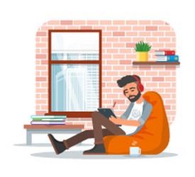 Man Using Tablet on Bean Bag vector image