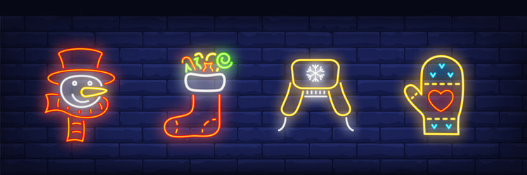 Winter clothing neon sign set with mitten vector