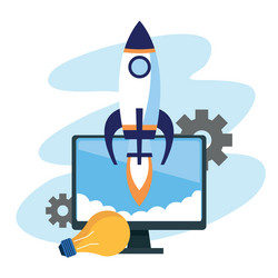 rocket with computer and light bulb colorful vector image