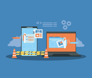website under construction with desktop computer vector image