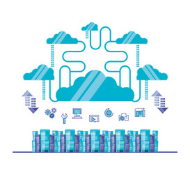 cloud computing network with servers towers vector image