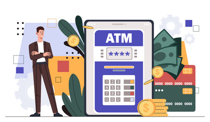 man with atm in smartphone vector image