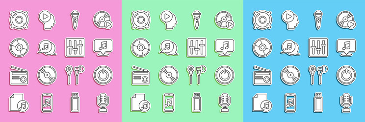 Set line microphone power button musical note vector