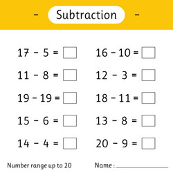 subtraction number range up to 20 math worksheet vector image