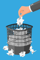 trash can with crumpled paper inside and around vector image