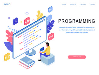 isometric programming landing page design vector